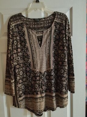 Lucky Brand Black & Cream Floral Embroidered Tunic